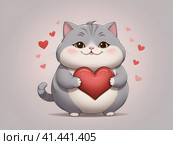 Fat cute munchkin cat holding a heart in his paws on a gray background. Стоковое AI-изображение, AI-художник Наталья Симакова / Фотобанк Лори