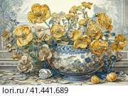 Yellow Trollius still life, illustration, watercolor style, Generative AI. Стоковое AI-изображение, AI-художник Анна Кривицкая / Фотобанк Лори