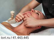 Beautician woman doing facial massage skin face to middle age woman, close up. Medical therapy massaging for adult lovely lady in beauty SPA. Healthy lifestyle, anti aging concept. Copy ad text space. Стоковое фото, фотограф Aleksandr Golubev / Фотобанк Лори