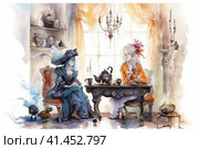 Witch and ghost spending time drinking tea together, watercolor illustration, watercolor style, Generative AI. Стоковое AI-изображение, AI-художник Анна Кривицкая / Фотобанк Лори
