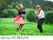 Childrens retro dance couple in suits. Стоковое фото, фотограф Андрей Аркуша / Фотобанк Лори