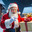 Santa with boxes of gifts against the backdrop of festive houses. AI generated image. Стоковое AI-изображение, AI-художник Галина Царькова / Фотобанк Лори