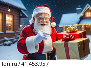 Santa with boxes of gifts against the backdrop of festive houses. AI generated image. Стоковое AI-изображение, AI-художник Галина Царькова / Фотобанк Лори