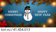 Merry Christmas banner with a snowman framed by fir branches. AI generated image. Стоковое AI-изображение, AI-художник Галина Царькова / Фотобанк Лори