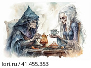 Witch and ghost spending time drinking tea together, watercolor illustration, watercolor style, Generative AI. Стоковое AI-изображение, AI-художник Анна Кривицкая / Фотобанк Лори