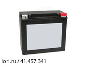 Rechargeable starter lead-acid battery for motorcycle, jetsky or snowmobile. Positive terminal is shut with red cap. Isolated on white background. Space for logo. Вид спереди перезаряжаемой стартерной свинцово-кислотной батареи для мотоцикла, гидроцикла или снегохода. Положительная клемма закрыта красным колпачком. Изолированный на белом фоне. Место для логотипа. Стоковое фото, фотограф Дмитрий Березнев / Фотобанк Лори