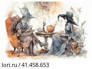 Witch and ghost spending time drinking tea together, watercolor illustration, watercolor style, Generative AI. Стоковое AI-изображение, AI-художник Анна Кривицкая / Фотобанк Лори
