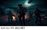 A group of military with weapons training at night. Стоковое AI-изображение, AI-художник Кирилл Черезов / Фотобанк Лори