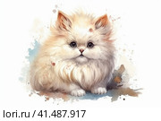 Cartoon white kitten on a white background, watercolor, illustration, watercolor style, Generative AI. Стоковое AI-изображение, AI-художник Анна Кривицкая / Фотобанк Лори