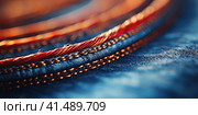 Stitching of a seam on denim clothes in close-up. Generated by AI. Стоковое AI-изображение, AI-художник Ярославский Максим / Фотобанк Лори