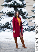 Young beautiful brunette woman in red coat posing on winter park. Стоковое фото, фотограф Андрей Аркуша / Фотобанк Лори