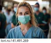 A medic girl in a mask and a medical gown in the interior of the hospital. Generated by AI. Стоковое AI-изображение, AI-художник Ярославский Максим / Фотобанк Лори