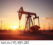 Oil pump in the desert on the background of the sunset sky. Generated by AI. Стоковое AI-изображение, AI-художник Ярославский Максим / Фотобанк Лори