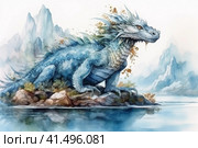 Water dragon splashes in the water against the backdrop of the sea and mountains, illustration, watercolor style, Generative AI. Стоковое AI-изображение, AI-художник Анна Кривицкая / Фотобанк Лори