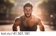 Beautiful young man doing sports. Стоковое AI-изображение, AI-художник Кирилл Черезов / Фотобанк Лори