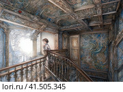 Girl on a fabulous spiral staircase in an old mansion, watercolor style, Generative AI. Стоковое AI-изображение, AI-художник Анна Кривицкая / Фотобанк Лори