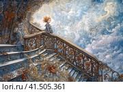 Girl on a fabulous spiral staircase in an old mansion, watercolor style, Generative AI. Стоковое AI-изображение, AI-художник Анна Кривицкая / Фотобанк Лори