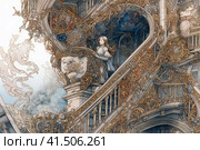 Girl on a fabulous spiral staircase in an old mansion, watercolor style, Generative AI. Стоковое AI-изображение, AI-художник Анна Кривицкая / Фотобанк Лори