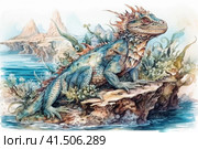 Water dragon splashes in the water against the backdrop of the sea and mountains, illustration, watercolor style, Generative AI. Стоковое AI-изображение, AI-художник Анна Кривицкая / Фотобанк Лори
