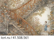 Girl on a fabulous spiral staircase in an old mansion, watercolor style, Generative AI. Стоковое AI-изображение, AI-художник Анна Кривицкая / Фотобанк Лори