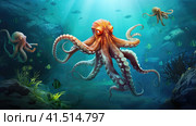 An octopus swimming in the ocean with other octopi, AI. Стоковое AI-изображение, AI-художник Сергей Старуш / Фотобанк Лори