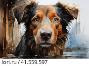 Dog in an animal shelter watercolor , Generative AI. Стоковое AI-изображение, AI-художник Анна Кривицкая / Фотобанк Лори
