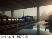 Futuristic Technology Concept: Team of Engineers and Professionals Workers in Heavy Industry Manufacturing Factory that is Digitalized with Graphics into Digital Twin of Industry 4.0 High Tech. AI. Стоковое AI-изображение, AI-художник Sergey Grishin / Фотобанк Лори