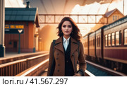 happy beautiful female on railway station perron at fall early morning. Travelling and vacations concept.. AI. Стоковое AI-изображение, AI-художник Sergey Grishin / Фотобанк Лори