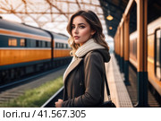 optimistic beautiful female on railway station perron at fall morning. Travelling and vacations concept.. AI. Стоковое AI-изображение, AI-художник Sergey Grishin / Фотобанк Лори