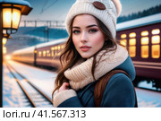 happy beautiful girl on railway station perron at winter daybreak. Travelling and vacations concept.. AI. Стоковое AI-изображение, AI-художник Sergey Grishin / Фотобанк Лори