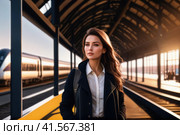 positive female on railway station perron at spring sunrise. Travelling and vacations concept.. AI. Стоковое AI-изображение, AI-художник Sergey Grishin / Фотобанк Лори