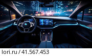 Inside a futuristic electric car. Neon car, modern interior and road grid. Generated by AI. Стоковое AI-изображение, AI-художник Ярославский Максим / Фотобанк Лори