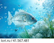 A small goldfish swims in the water with bubbles. Generated by AI. Стоковое AI-изображение, AI-художник Ярославский Максим / Фотобанк Лори