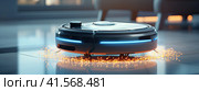 Futuristic robot vacuum cleaner with innovative controls removes dust on the floor. Generated by AI. Стоковое AI-изображение, AI-художник Ярославский Максим / Фотобанк Лори