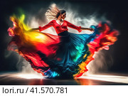 Young woman dancer in a colorful dress dancing flamenco in the smoke. Стоковое AI-изображение, AI-художник Галина Царькова / Фотобанк Лори