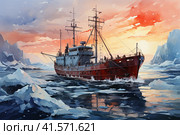 Ship among the ice, watercolor, Generative AI. Стоковое AI-изображение, AI-художник Анна Кривицкая / Фотобанк Лори