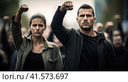 A man and a woman are fighting for their rights. Стоковое AI-изображение, AI-художник Кирилл Черезов / Фотобанк Лори