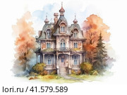 Ancient wooden house with gabled towers watercolor, Generative AI. Стоковое AI-изображение, AI-художник Анна Кривицкая / Фотобанк Лори