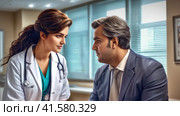 Gastroenterologist conducts the patient reception in the hospital. adolescent overweight male with voluminous hairs take consult from medical specialist. Healthcare and wellness concept.. AI. Стоковое AI-изображение, AI-художник Sergey Grishin / Фотобанк Лори