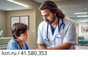 Pulmonologist conducts the patient reception in the hospital. child overweight man with long hairs take consult from medical specialist. Healthcare and wellness concept.. AI. Стоковое AI-изображение, AI-художник Sergey Grishin / Фотобанк Лори