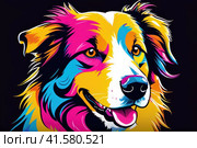 Bright drawing of a dog, collie, on a T-shirt on a dark background. Satirical, pop art style, vibrant colors, iconic characters, action-packed, suitable for mascot or logo or reproduce on canvas. AI. Стоковое AI-изображение, AI-художник Sergey Grishin / Фотобанк Лори