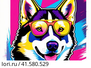 Bright drawing of a dog, husky, on a T-shirt on a dark background. Satirical, pop art style, vibrant colors, iconic characters, action-packed, suitable for mascot or logo or reproduce on canvas. AI. Стоковое AI-изображение, AI-художник Sergey Grishin / Фотобанк Лори