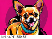 Bright drawing of dog, chihuahua, on T-shirt on dark background. Satirical, pop art style, vibrant colors, iconic characters, action-packed, suitable for mascot, logo or reproduce on canvas. AI. Стоковое AI-изображение, AI-художник Sergey Grishin / Фотобанк Лори