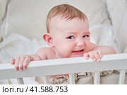Sly baby in a crib with a angry look. Funny child in bed, age six months. Стоковое фото, фотограф Андрей Журавлев / Фотобанк Лори