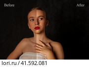 Portrait of teenager model before and after retouch, comparison clean skin teen girl posing at shadow. Before and after retouch processing in photo editor. Edited photo compared. Copy ad text space. Стоковое фото, фотограф Aleksandr Golubev / Фотобанк Лори