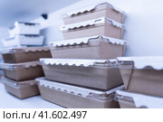 Одноразовая картонная упаковка для готовых продуктов от  компании Оригами (ТМ) на выставке Агропродмаш-2023. Редакционное фото, фотограф Сайганов Александр / Фотобанк Лори
