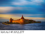 Oreshek fortress at the source of the Neva on Lake Ladoga. The Oreshek fortress got its name from the name of Orekhovoy Island, on which it was founded in 1323 by Prince Yuri Danilovich, the grandson of Alexander Nevsky (2023 год). Стоковое фото, фотограф Оксана Медведева / Фотобанк Лори
