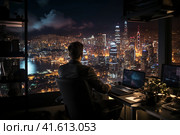 Tired businessman sitting at the computer at night, darkly lit modern luxury office overlooking the city at night,  Generative AI. Стоковое AI-изображение, AI-художник Анна Кривицкая / Фотобанк Лори