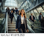 A tall, beautiful business lady walks down a wide staircase with colleagues in the bright lobby of the business center. Generated by AI. Стоковое AI-изображение, AI-художник Ярославский Максим / Фотобанк Лори