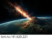 Comet, asteroid, big cosmic explosion in space,  Generative AI. Стоковое AI-изображение, AI-художник Анна Кривицкая / Фотобанк Лори